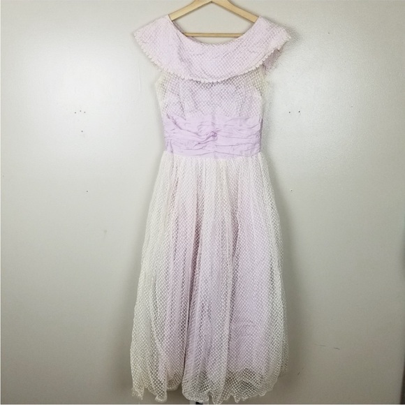 VINTAGE ANGELAIR Original by Emiko Swiss Dot Mesh Overlay Midi Dress XS/S - Picture 1 of 12
